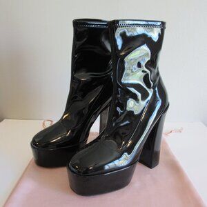 Stuart Weitzman Black Faux Patent Leather Platform Block Heel Size 9 1/2 B Boots